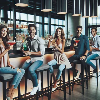 Caucasian friends enjoying cocktails at modern bar
