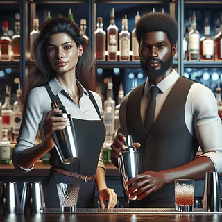 Realistic stock image of bartender mixing cocktails